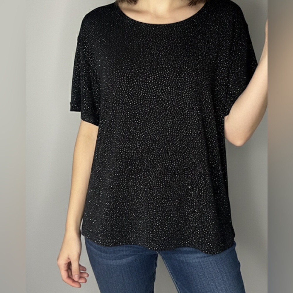 Vintage Carroll Reed Black Sparkling Short Sleeve Top Medium Glam Shimmer